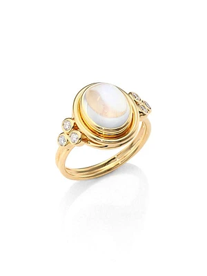 Classic Oval Diamond, Royal Blue Moonstone & 18K Yellow Gold Ring