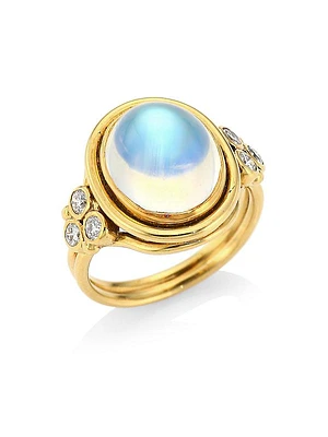 18K Yellow Gold, Royal Blue Moonstone & Diamond Oval Ring