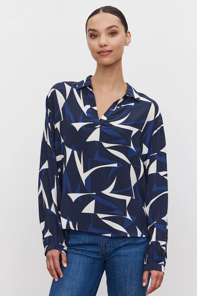 Velvet - Carah DS Printed Royal Crepe Top Navy/Ecru