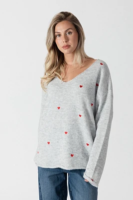 Lyla & Luxe - Luna Heart Lightweight Sweater Emb. Hearts Light Grey/Red