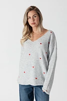 Lyla & Luxe - Luna Heart Lightweight Sweater Emb. Hearts Light Grey/Red