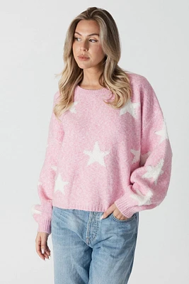 Lyla & Luxe - Reese Eco Crewneck Sweater W/Sherpa Stars Pink/Off White