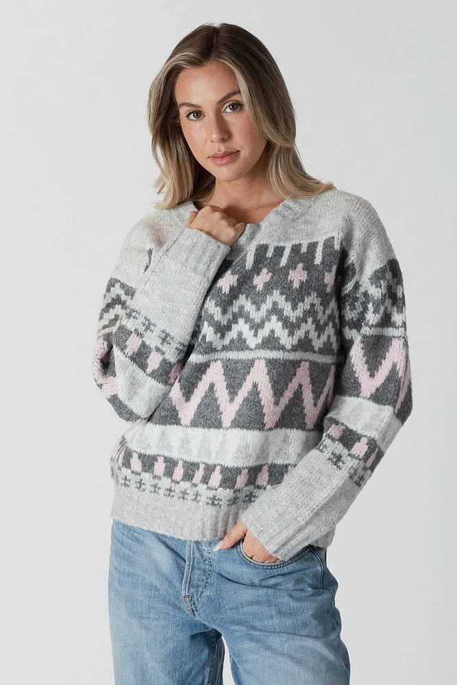 Lyla & Luxe - Landen Fair Isle Pullover Grey/Pink