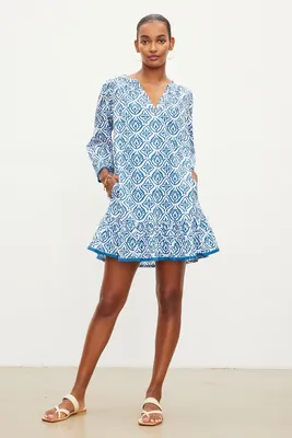 Velvet - Kenley DS Mosaic Cotton Tie Dress Blue