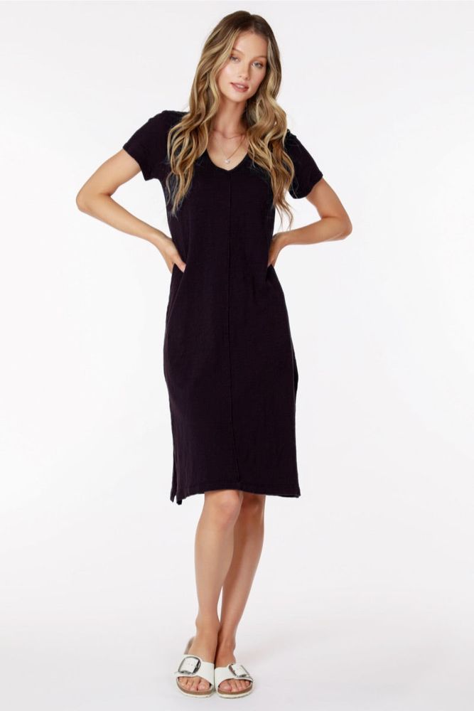Bobi - Raw Edge V Neck Midi Dress Black