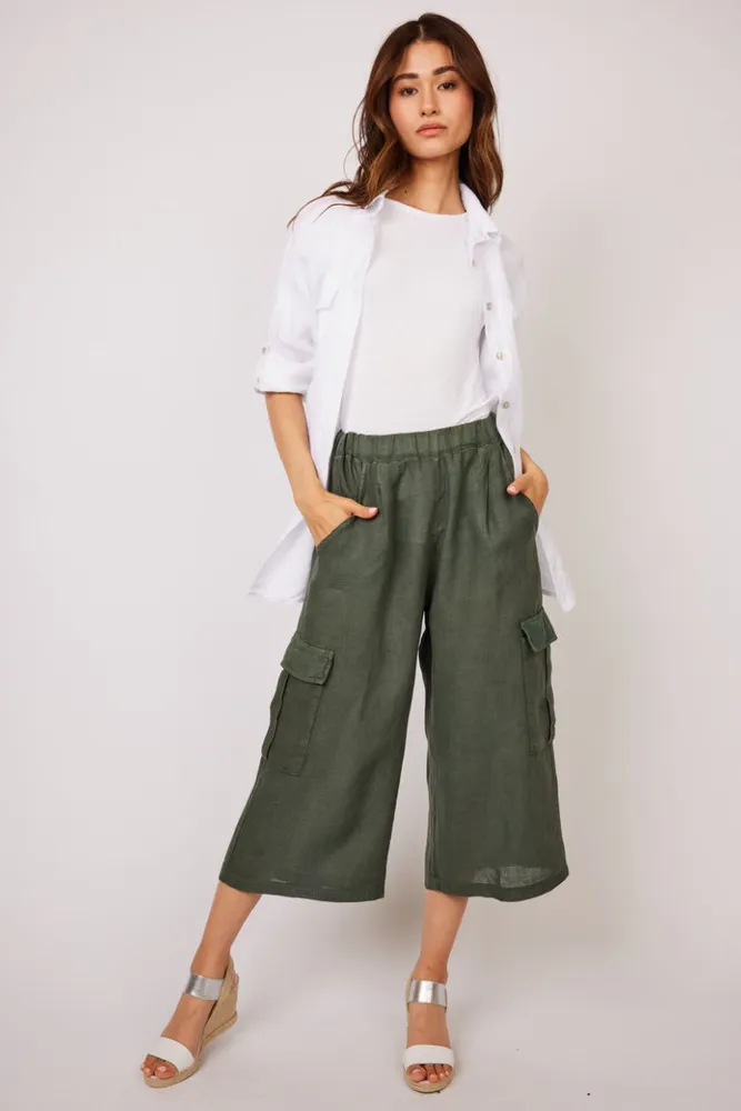 Pistache - Cropped Linen Cargo Pants Safari