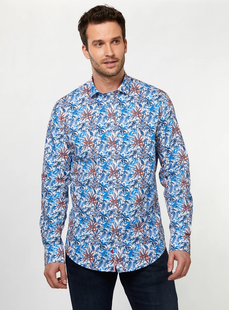 Chemise bleue à imprimé de feuilles