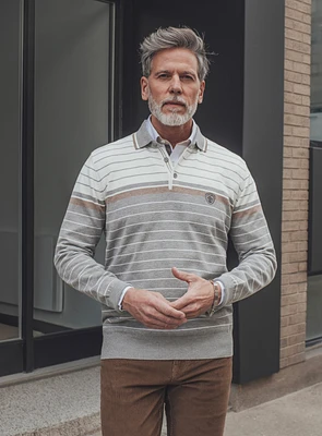 Grey Striped Polo Collar Sweater