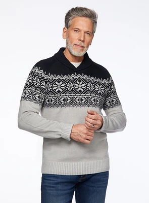 Grey Fairisle Shawl Collar Sweater