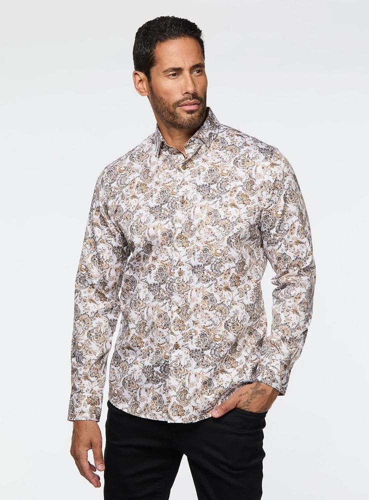 Chemise satinée à motif paisley cognac