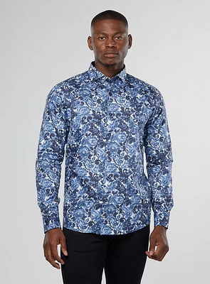 Blue Floral Print Sateen Shirt