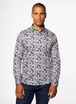 Chemise satinée à imprimé florale bleue