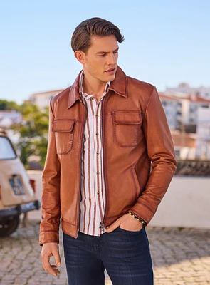 Manteau en cuir cognac à deux poches