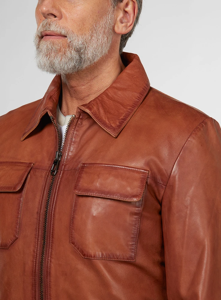 Manteau en cuir cognac à deux poches