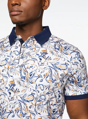 White Leaf Print Polo