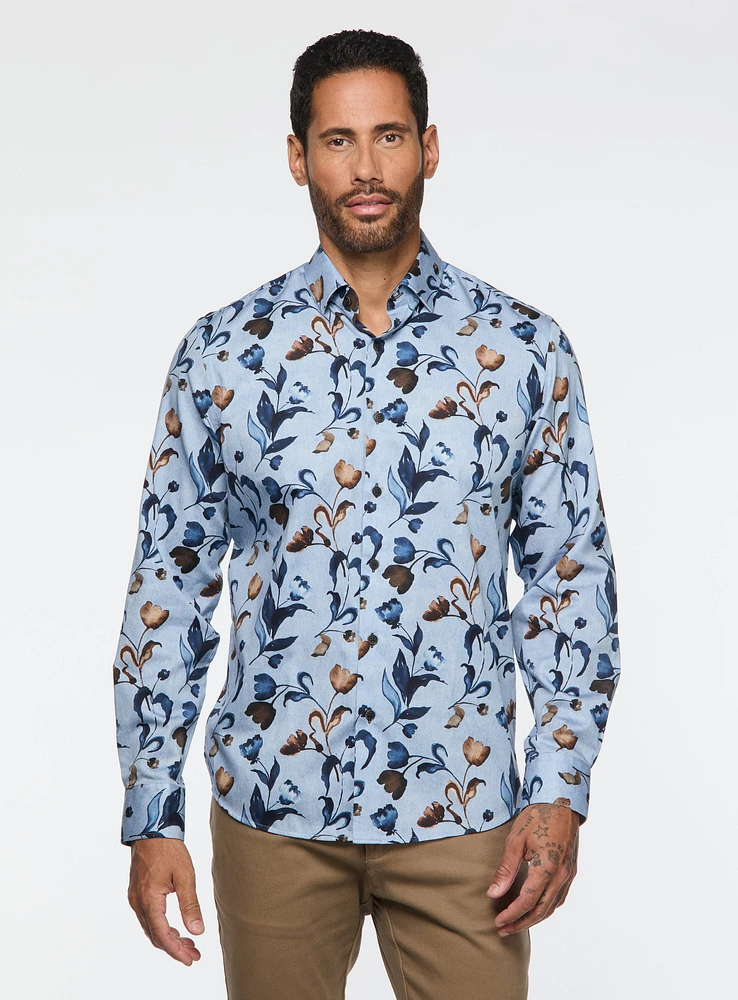 Chemise bleue à motif de tulipes