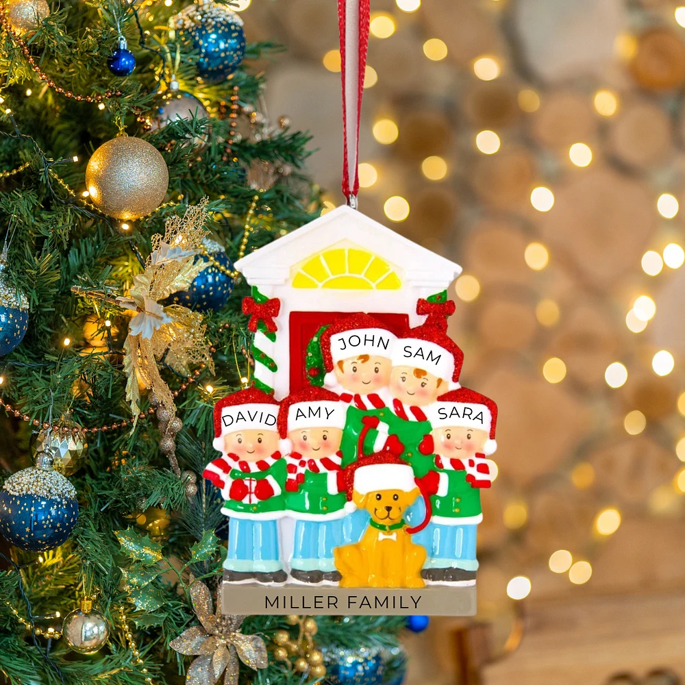 Family of 5 with Dog Ornament