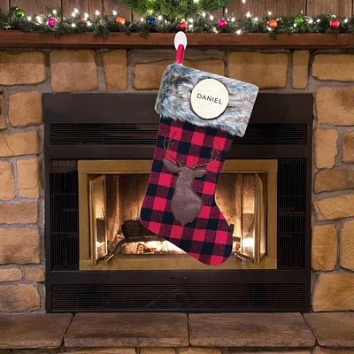 Red & Black Plaid with Brown Reindeer Stocking