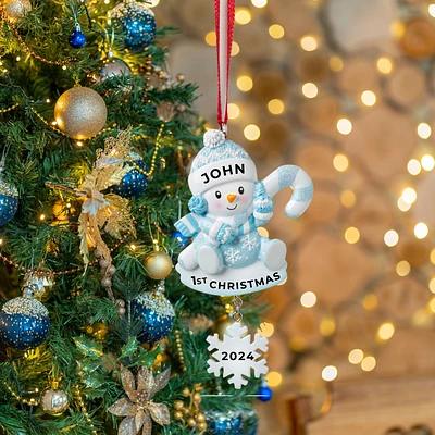 Snowbaby with Candy Cane - Blue Ornament