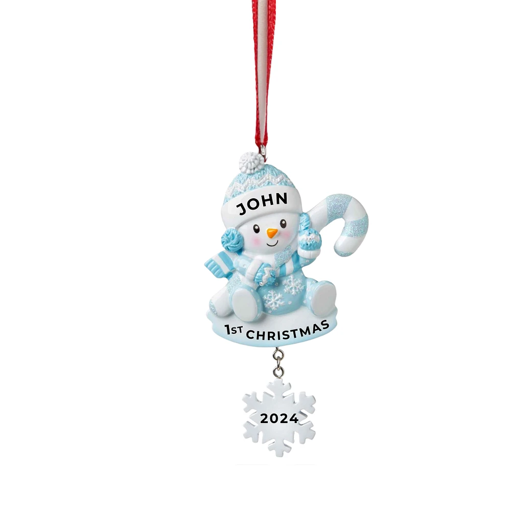 Snowbaby with Candy Cane - Blue Ornament