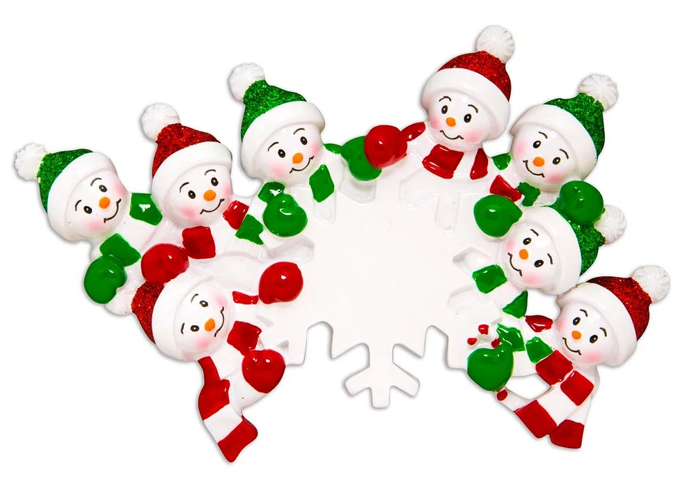 Family of 8 Snowmen around a Snowflake Ornament