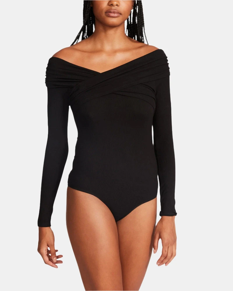 OFF SHOULDER RIB BODYSUIT BLACK