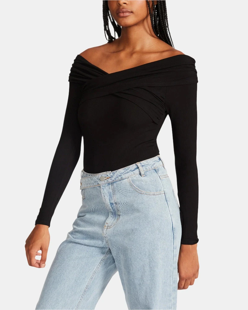 OFF SHOULDER RIB BODYSUIT BLACK