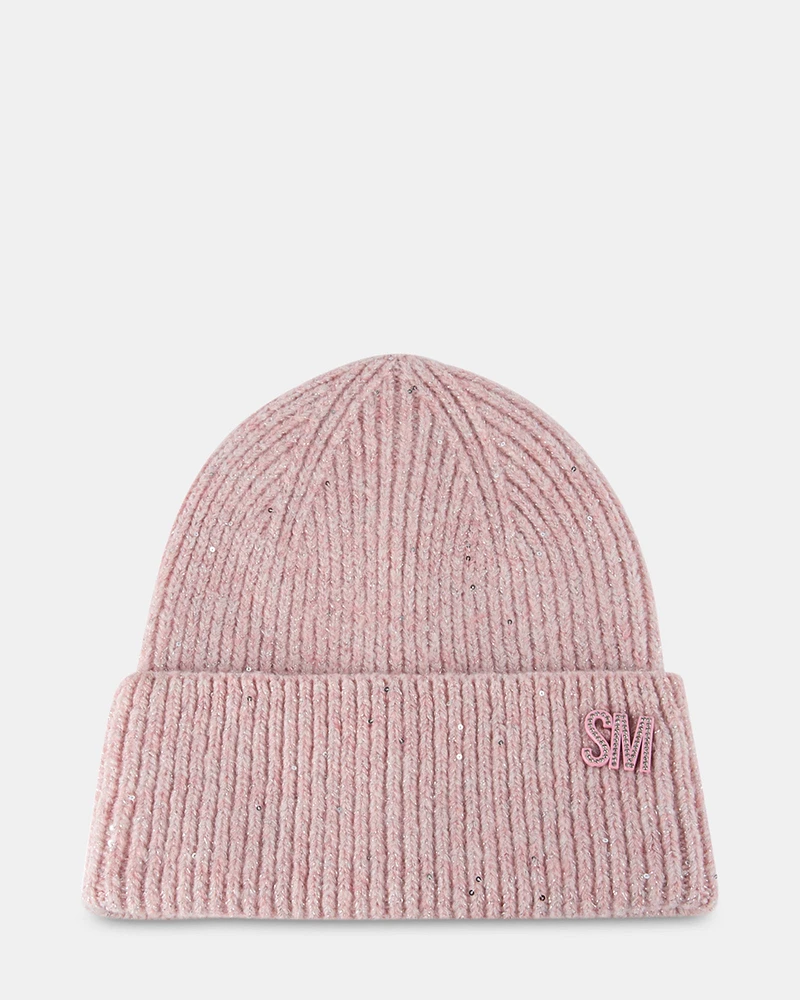 METALLIC THREAD RIB BEANIE PINK