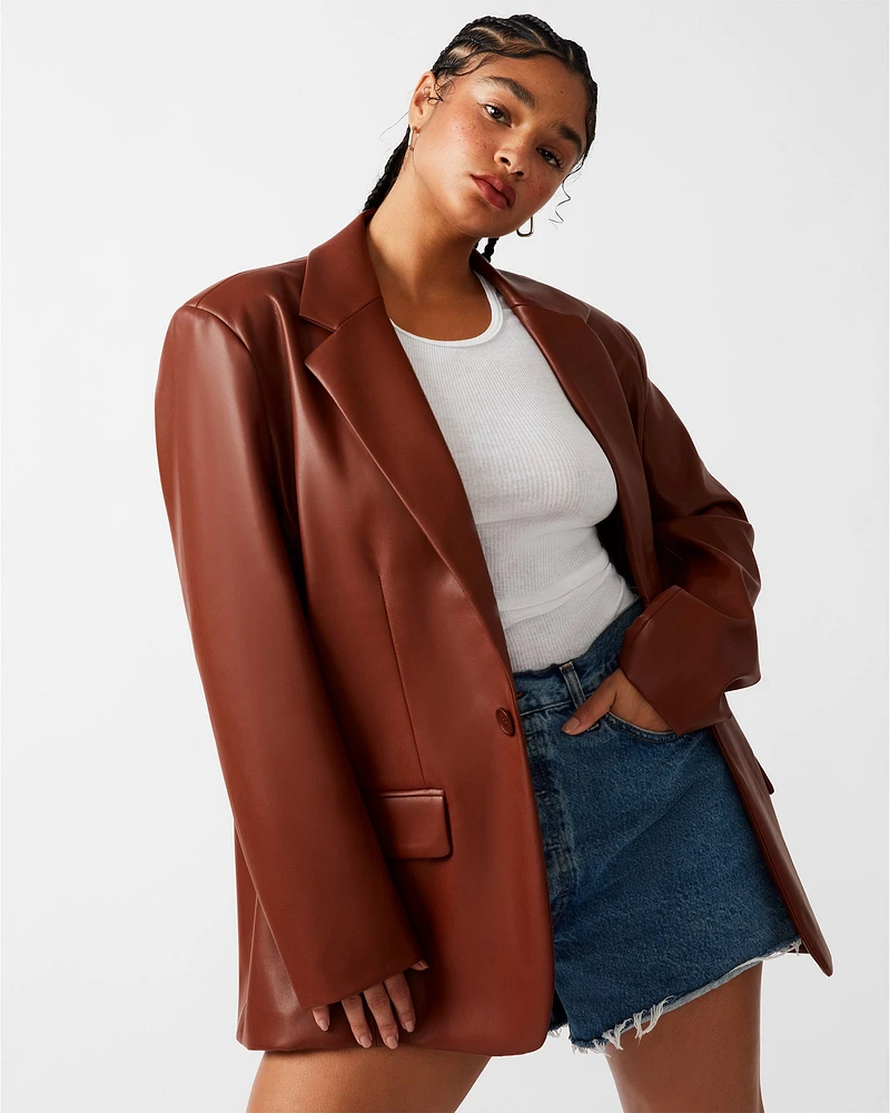 IMAAN FAUX LEATHER BLAZER TAN