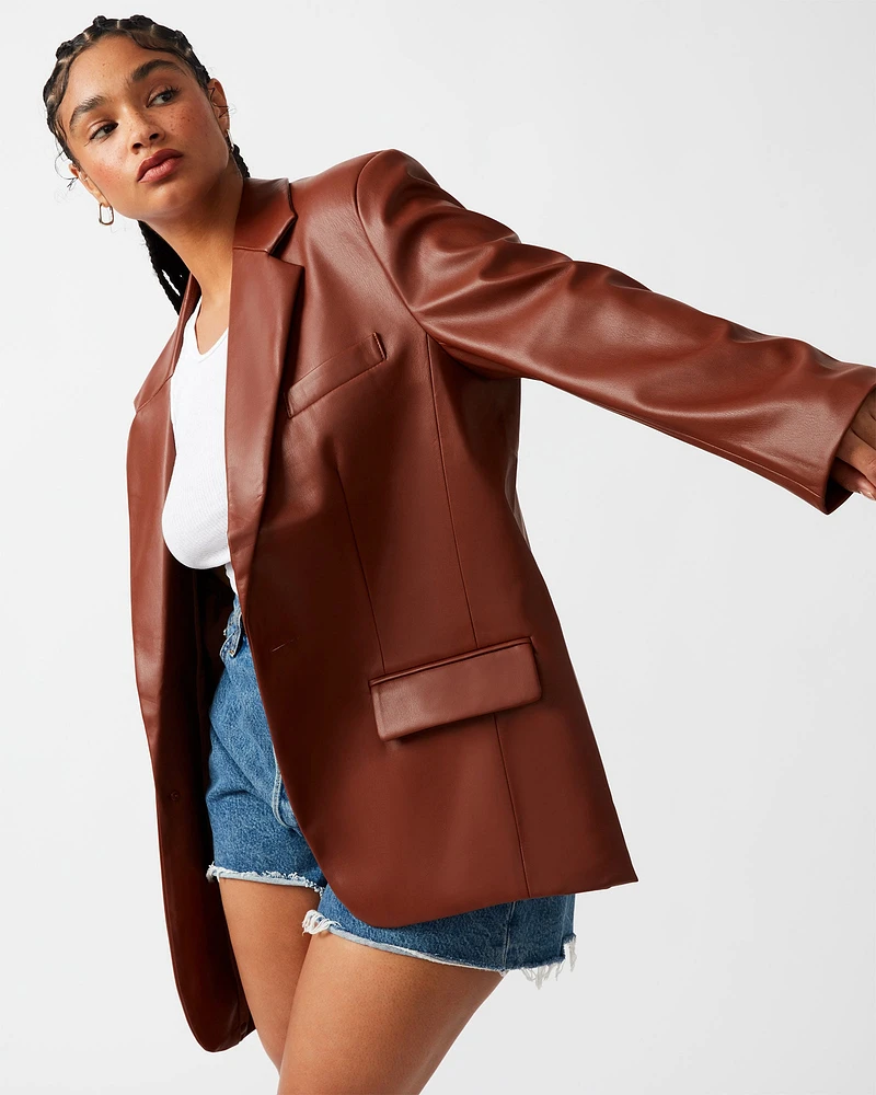 IMAAN FAUX LEATHER BLAZER TAN