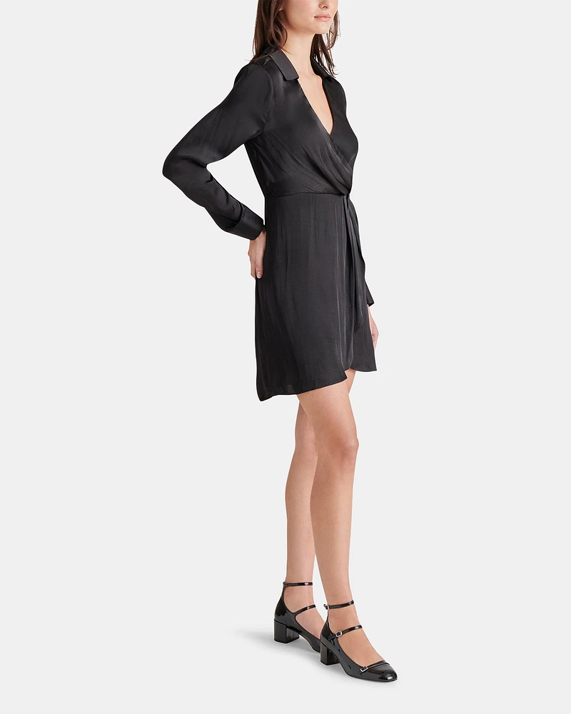 WASHED SATIN FAUX WRAP DRESS BLACK