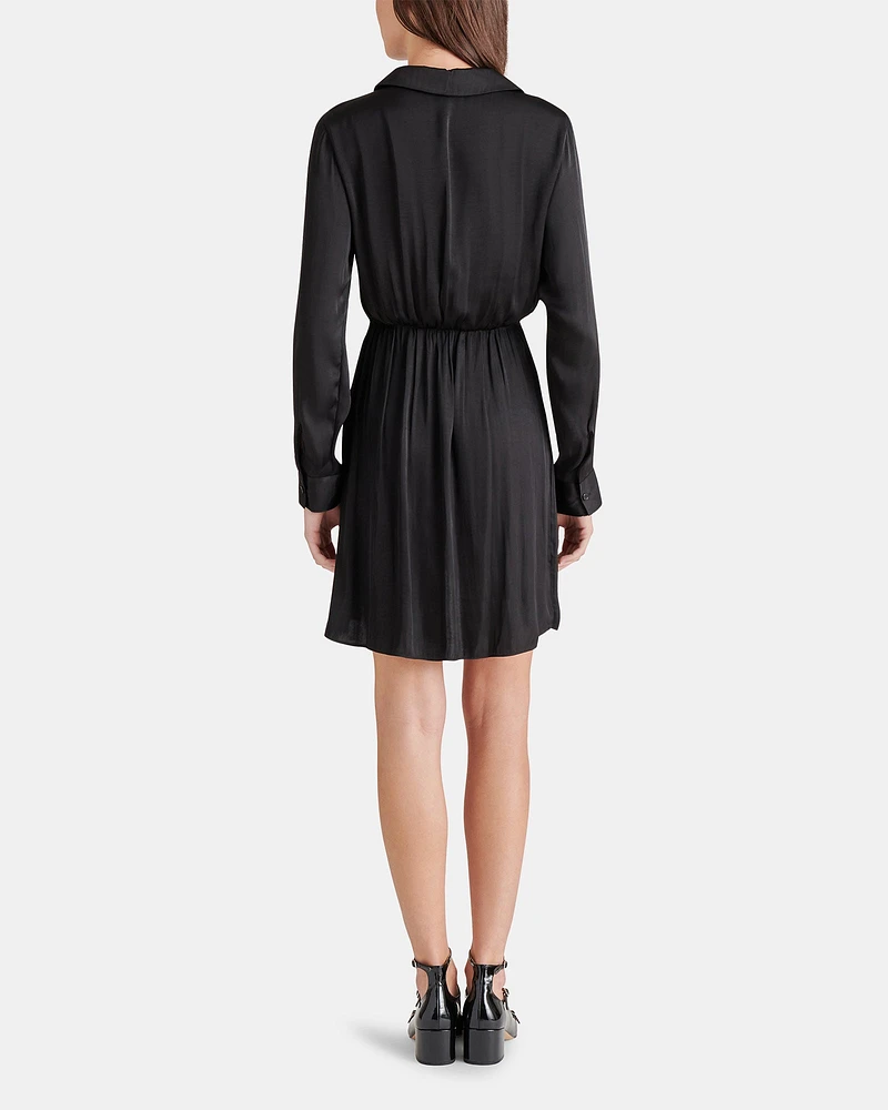 WASHED SATIN FAUX WRAP DRESS BLACK