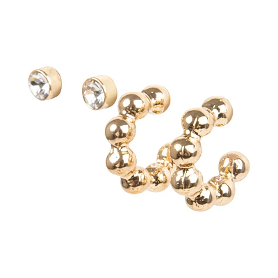 BALL HOOP HUGGIE EARRINGS SET GOLD