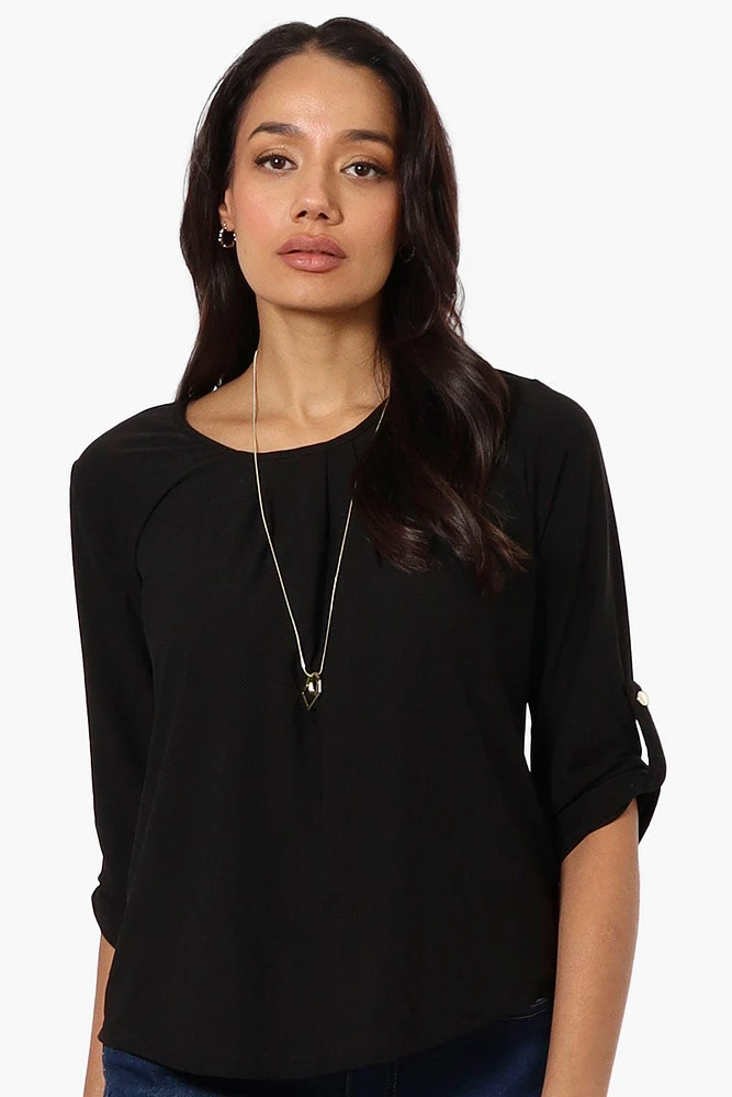 Beechers Brook Solid Roll Up Sleeve Necklace Blouse