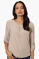 Beechers Brook Solid Roll Up Sleeve Necklace Blouse