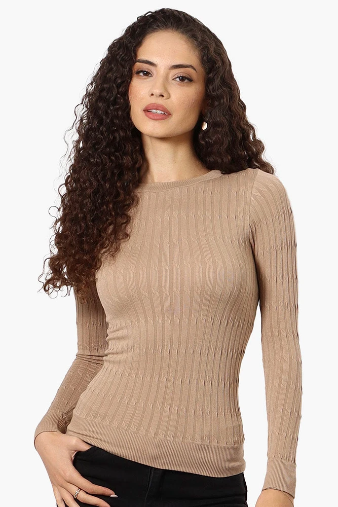 Magazine Solid Ribbed Crewneck Long Sleeve Top