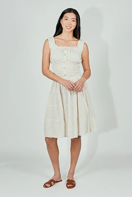 Impress Front Button Smocked Tiered Day Dress - Cream