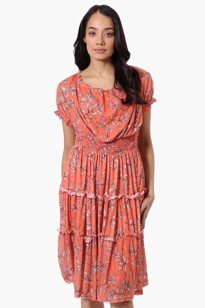 Costa Blanca Leaf Print Tiered Smocked Waist Midi Dress - Coral