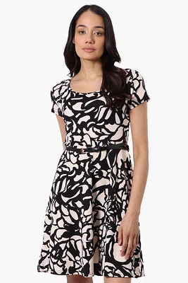 Runaway Bay Patterned Belted Skater Day Dress - Black