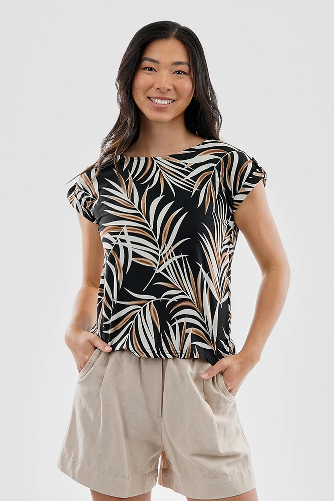 Beechers Brook Leaf Print Cap Sleeve Back Slit Tee - Black