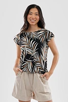 Beechers Brook Leaf Print Cap Sleeve Back Slit Tee - Black