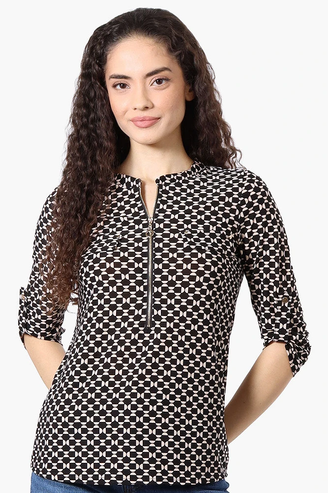 Beechers Brook Patterned Roll Up Sleeve Half Zip Shirt - Black