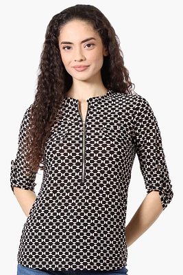 Beechers Brook Patterned Roll Up Sleeve Half Zip Shirt - Black