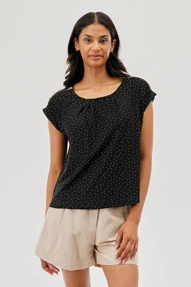 Beechers Brook Polka Dot Shoulder Zipper Blouse - Black