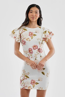 Costa Blanca Floral Flutter Sleeve Scuba Cocktail Dress