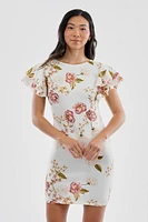 Costa Blanca Floral Flutter Sleeve Scuba Cocktail Dress