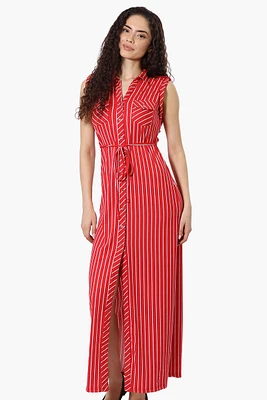 International INC Company Striped Belted Button Down Maxi Dress