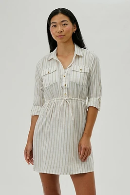 Beechers Brook Striped Roll Up Sleeve Day Dress - Beige