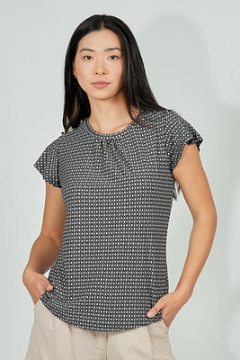 International INC Company Patterned Short Sleeve Cinched Collar Blouse - Black