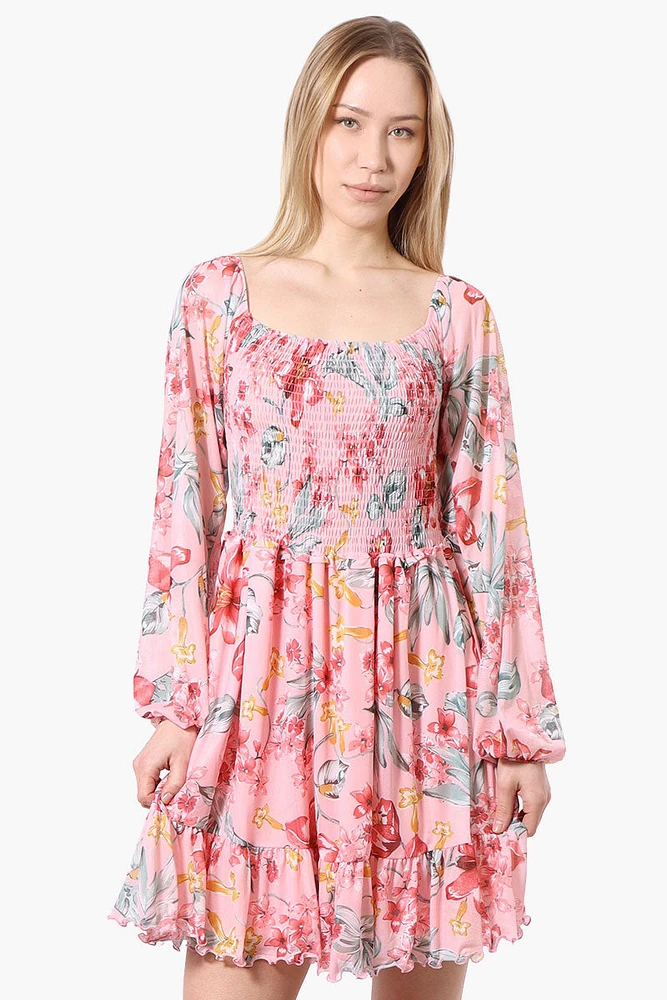 Costa Blanca Floral Square Neck Smocked Day Dress